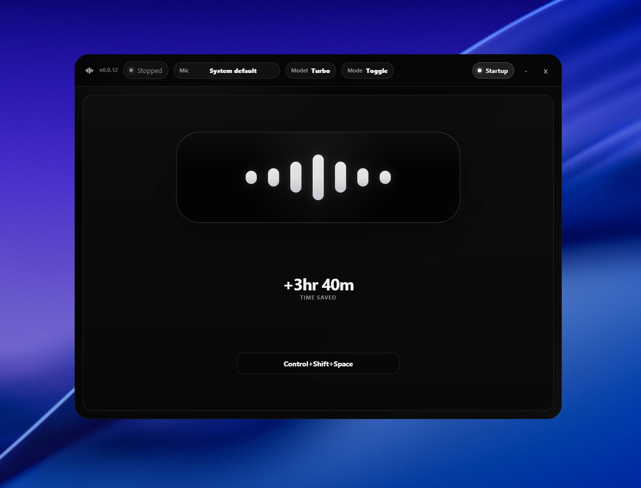 SpeakText settings window with model, hotkey, device, and productivity controls